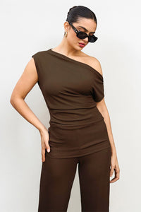 Leisure Solid Sloping-Shoulder Slim Top & Wide-Leg Trousers Co-ord - Brown