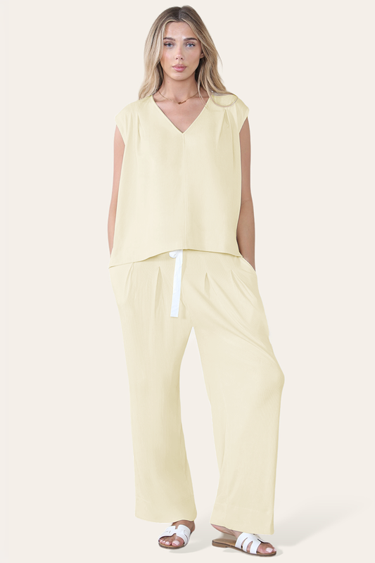Minimalist V Neck Sleeveless Top & Drawstring Trousers Co-ord - Beige