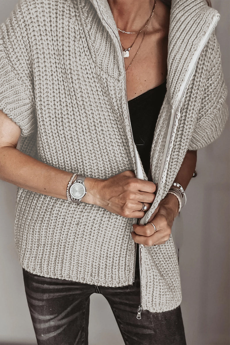 Cinnamon Solid Color Short Sleeve Zipper Knit High Neck Sweater