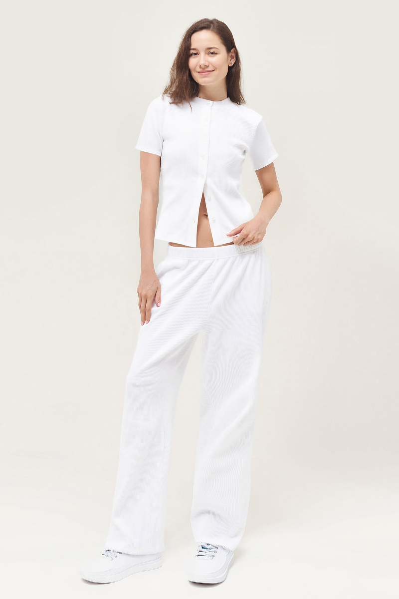 Casual Short Sleeve Button Slim Top & Wide Leg Trousers Co-ord - White