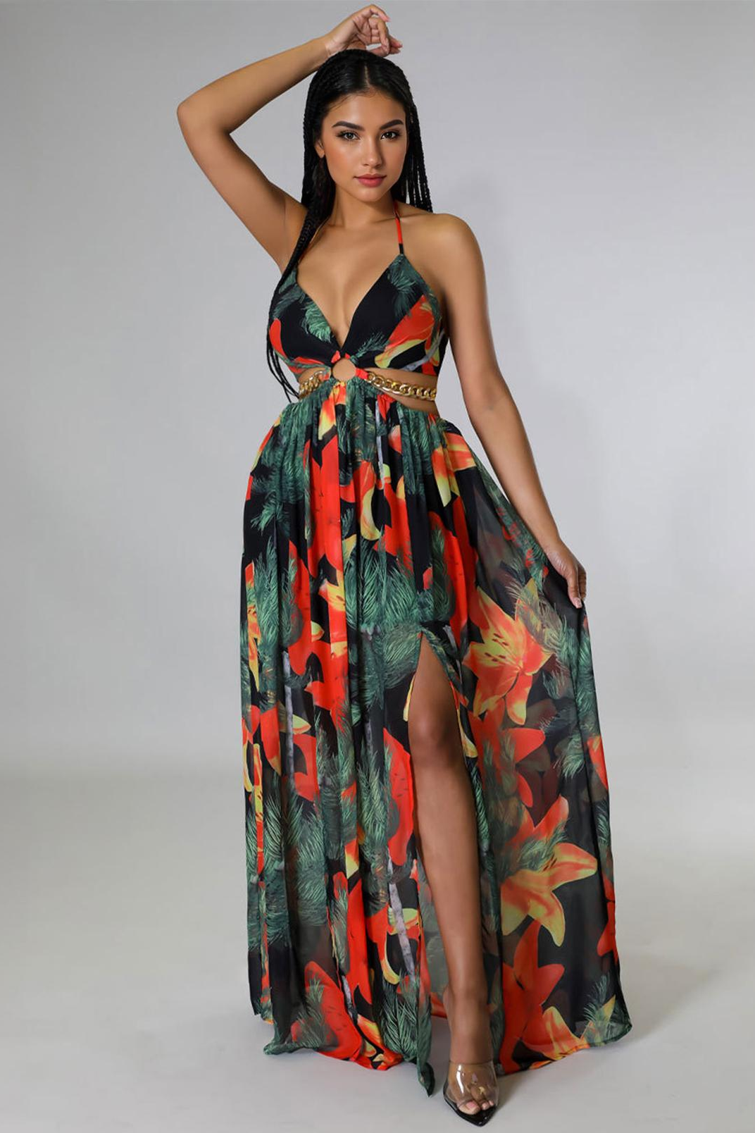 Vibrant Deep V Adjustable Halter Floral Print High Split Maxi Dress - Green