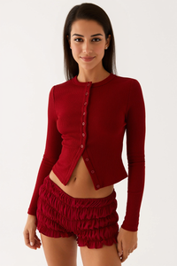 Versatile Solid Color Knit Button-Up Slim Top - Burgundy
