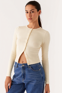 Versatile Solid Color Knit Button-Up Slim Top - Beige