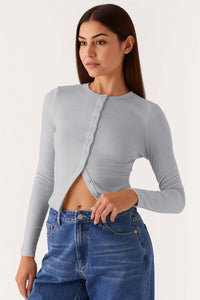 Versatile Solid Color Knit Button-Up Slim Top - Grey