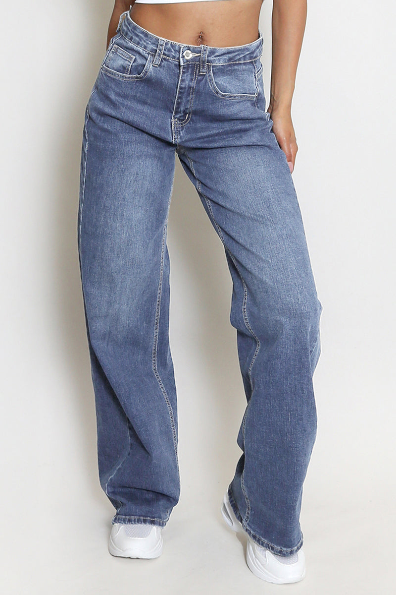 Casual Mid-Rise Denim Multi-Pocket Wide Leg Jeans - WashedBlue
