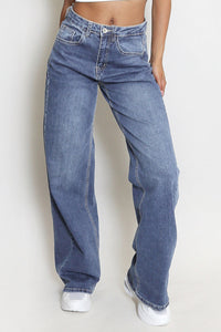 Casual Mid-Rise Denim Multi-Pocket Wide Leg Jeans - WashedBlue