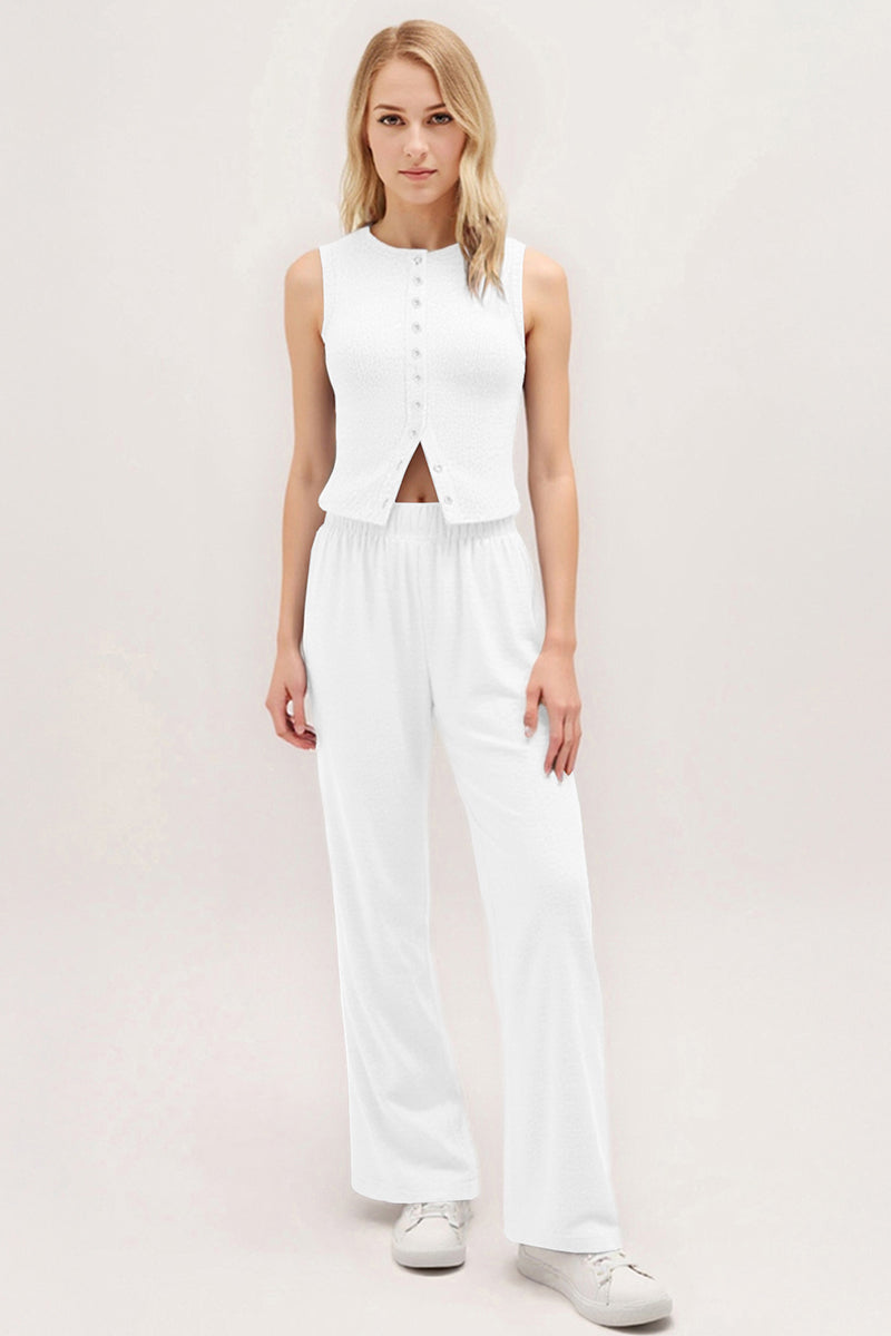 Leisure Round Neck Button Tank Top & Stretchy Trousers Co-ord - White