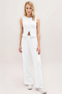 Leisure Round Neck Button Tank Top & Stretchy Trousers Co-ord - White