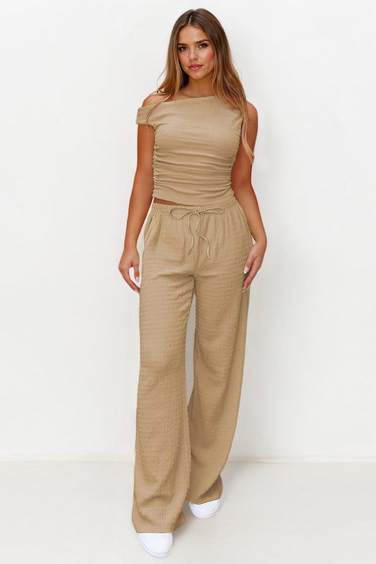 Solid Sloping-Shoulder Shirred Slim Top & Wide-Leg Trousers 2-Piece Co-ord Set - Camel