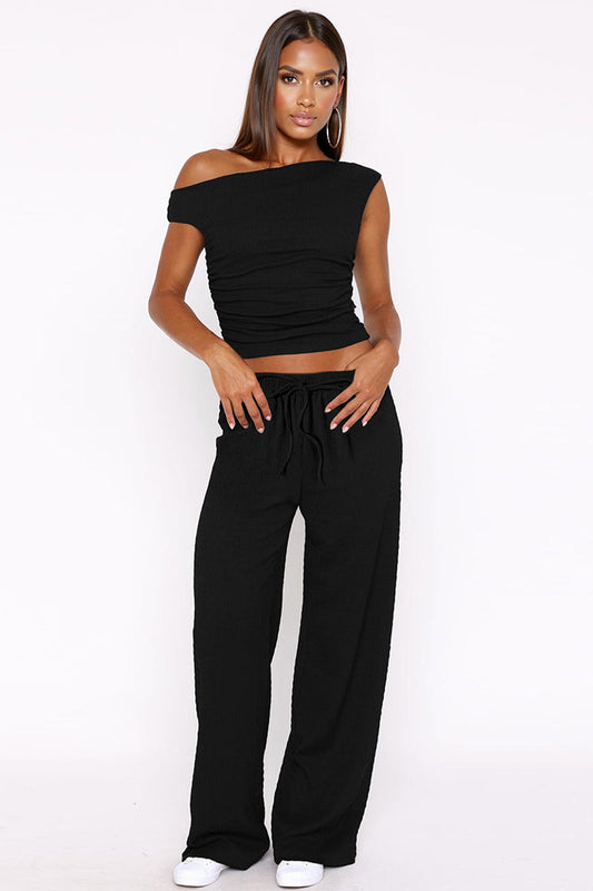 Solid Sloping-Shoulder Shirred Slim Top & Wide-Leg Trousers 2-Piece Co-ord Set - Black