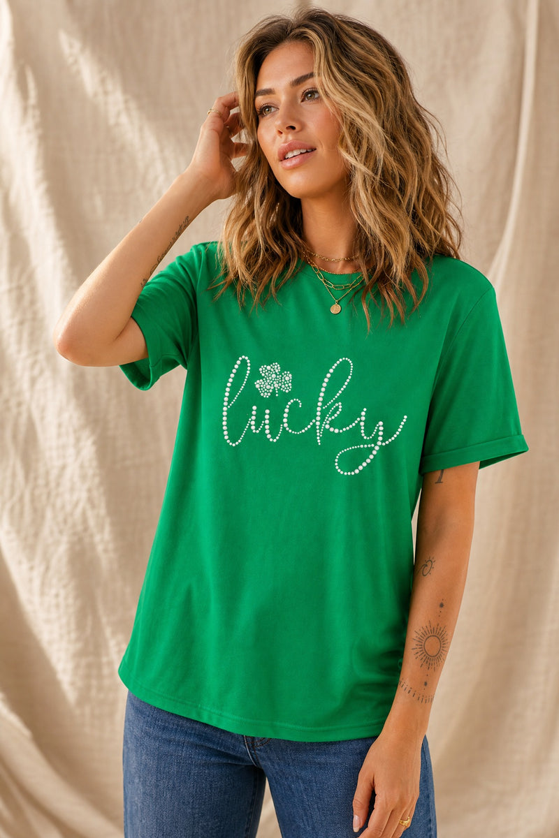 Bright Green Ceramic Rhinestone Lucky Clover Graphic Tee