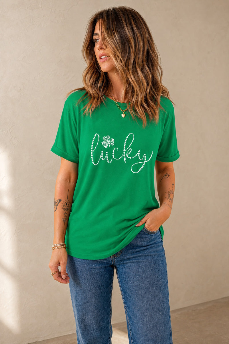 Bright Green Ceramic Rhinestone Lucky Clover Graphic Tee