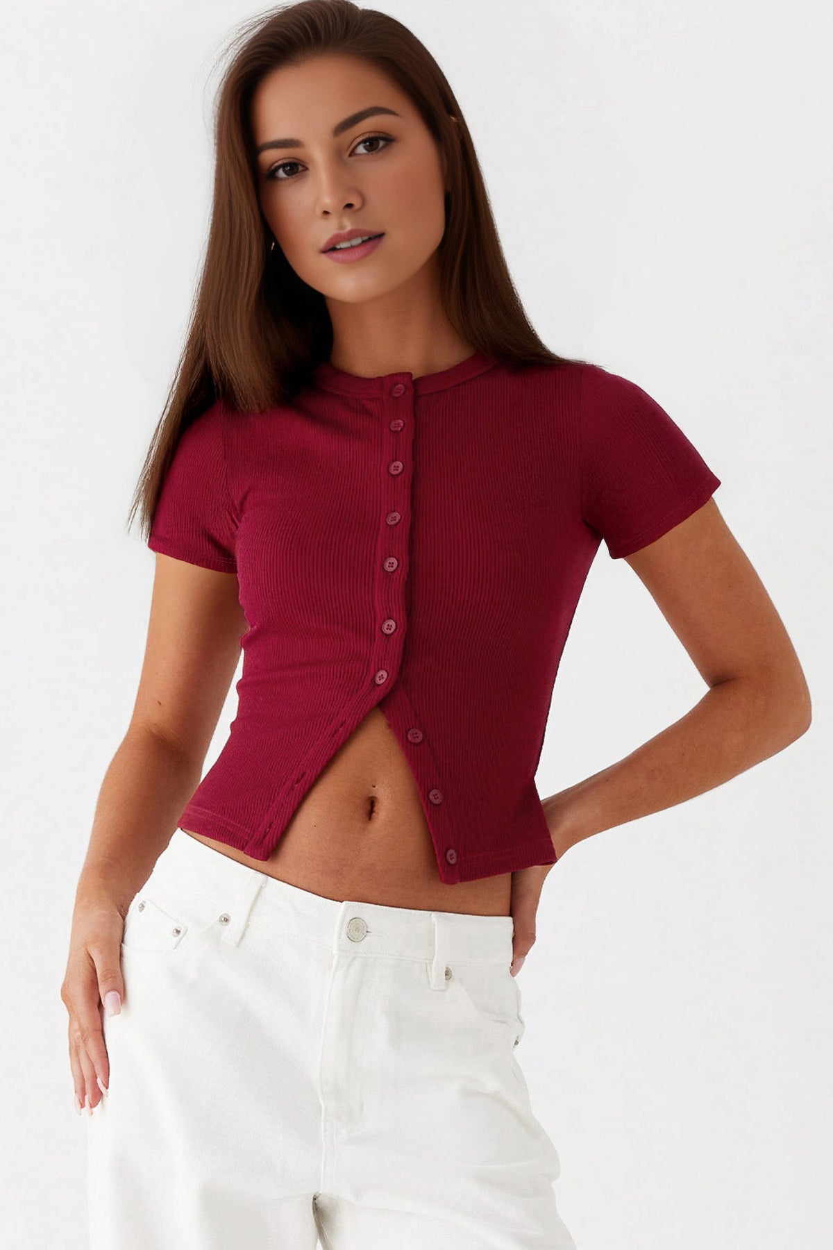 Leisure Solid Color Short Sleeve Button-Up Slim Top - BURGUNDY