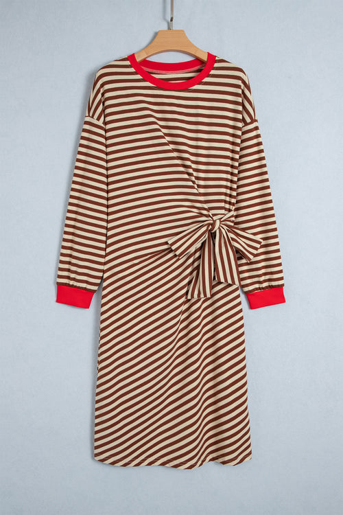 Brown Stripe Striped Colorblock Cuffs Round Neck Long Sleeve Shift Dress