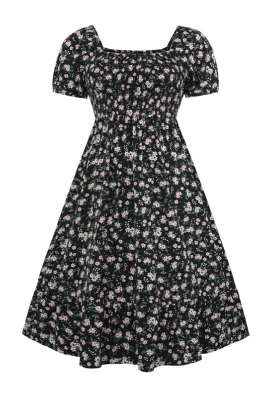 Airy Allover Floral Print Scoop Neck Short Sleeve Pleated Maxi Dress - BLACK