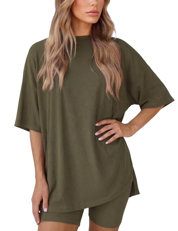 HUOHULI Round Neck Army Green Loungewear Set