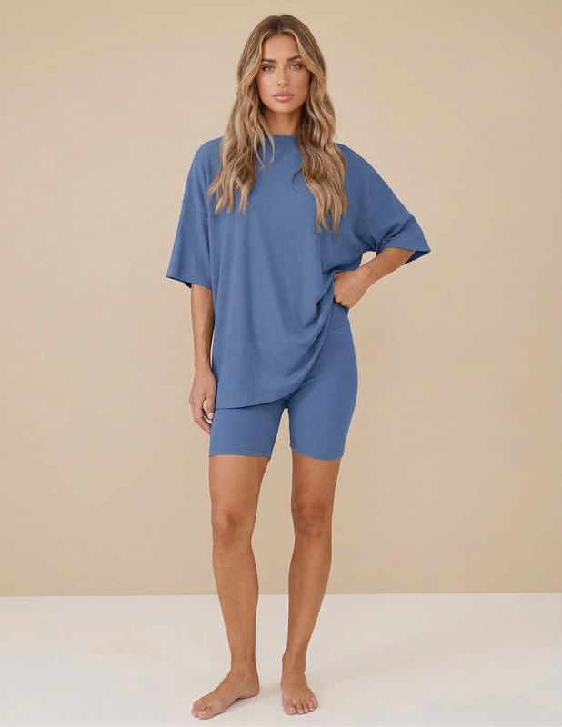 HUOHULI Round Neck Blue Loungewear Set - View 4