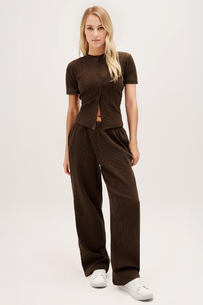 Casual Short Sleeve Button Slim Top & Wide Leg Trousers Co-ord - Brown