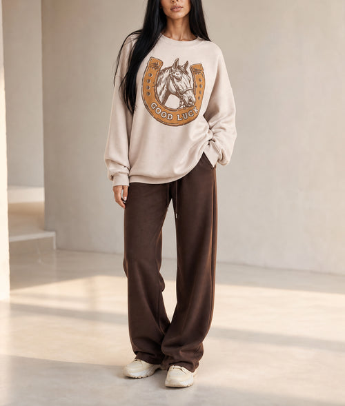 Beige GOOD LUCK Western Horse Print Oversized Pullover Sweatshirt