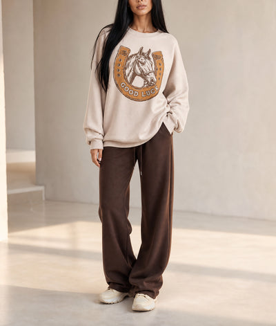 Beige GOOD LUCK Western Horse Print Oversized Pullover Sweatshirt