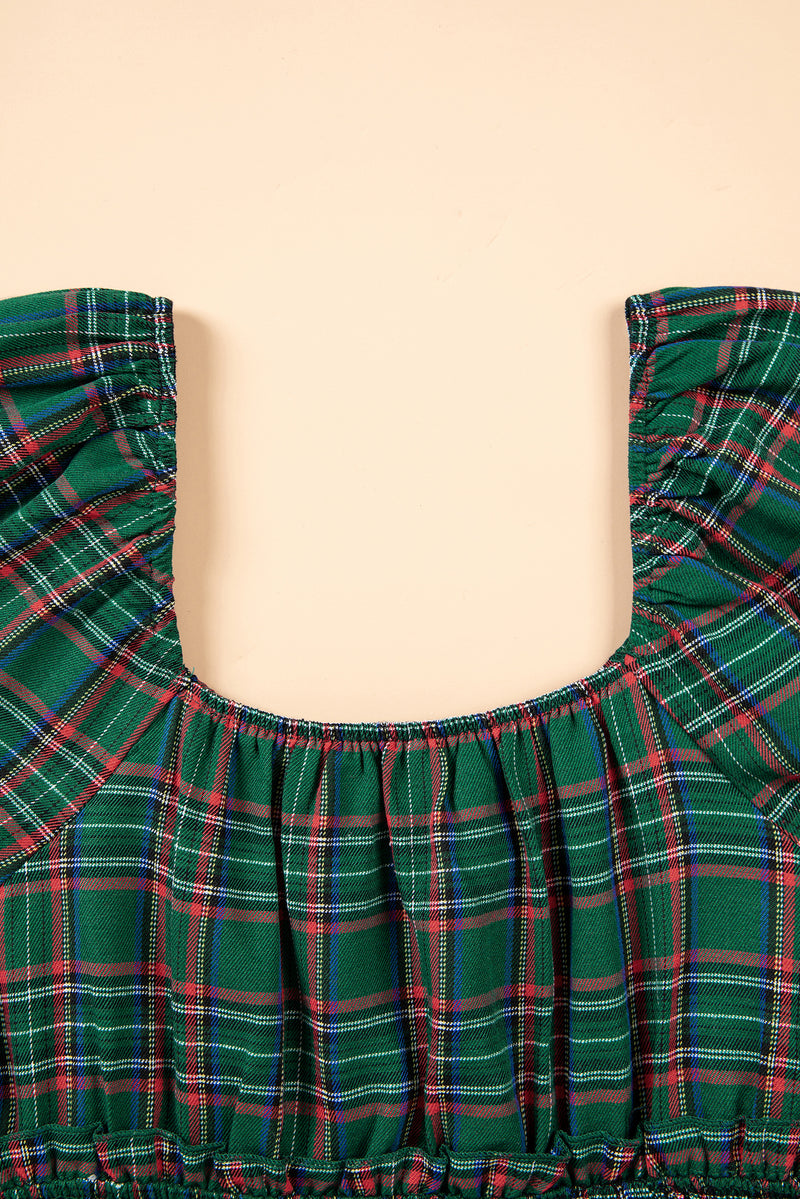 Green Plaid Shirred U Neck Short Sleeve Mini Dress
