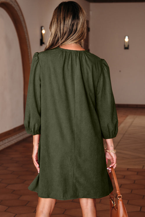 Moss Green Bracelet Sleeve Split Neck Scallop Detail Pleated Corduroy Mini Dress