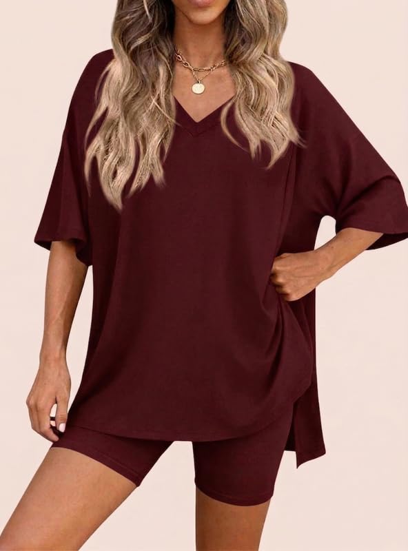 HUOHULI V-Neck Burgundy Loungewear Set - View 2