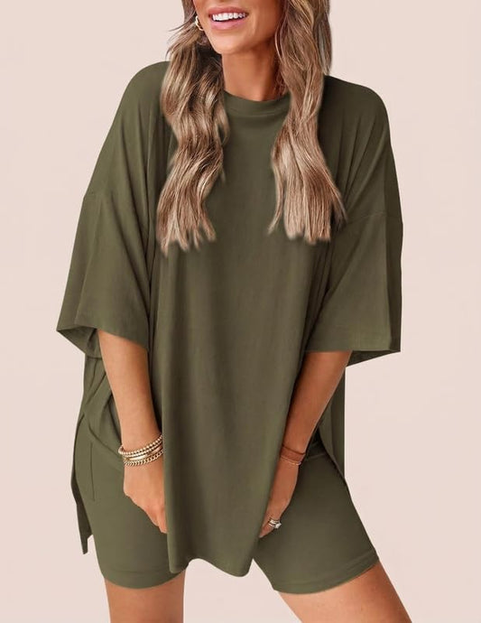 HUOHULI Round Neck Army Green Loungewear Set - View 2