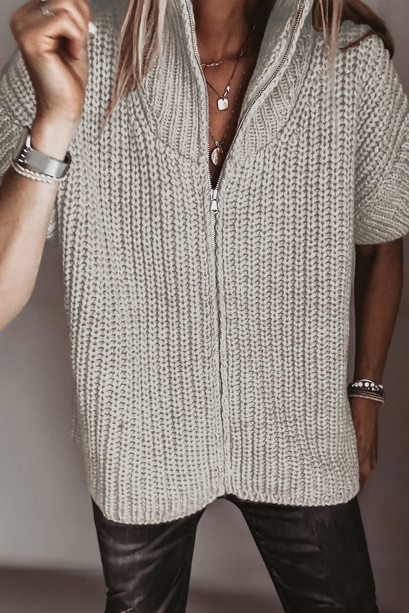 Cinnamon Solid Color Short Sleeve Zipper Knit High Neck Sweater