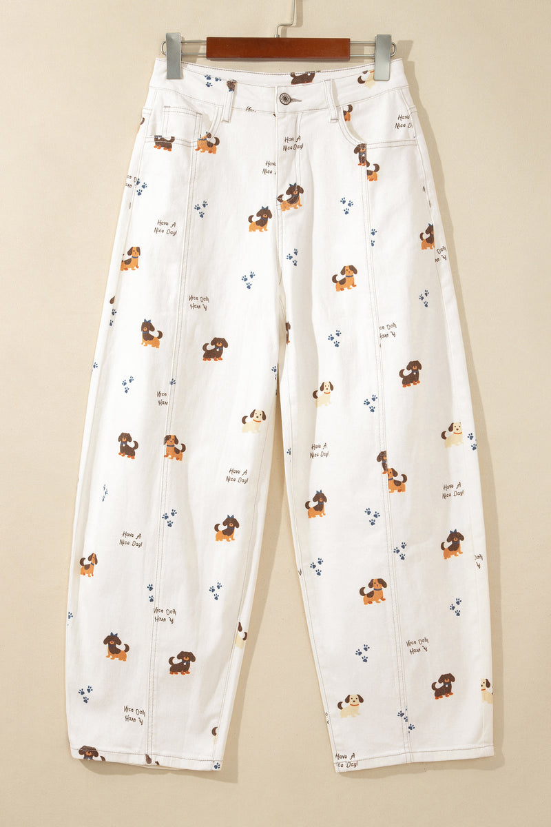 White Abstract Dog Print Wide Leg Full-Length Jeans