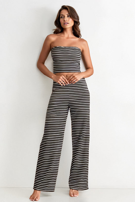 Chic Color Matching Stripe Slim Tube Top & Low-Rise Wide Leg Trousers Co-ord - Black