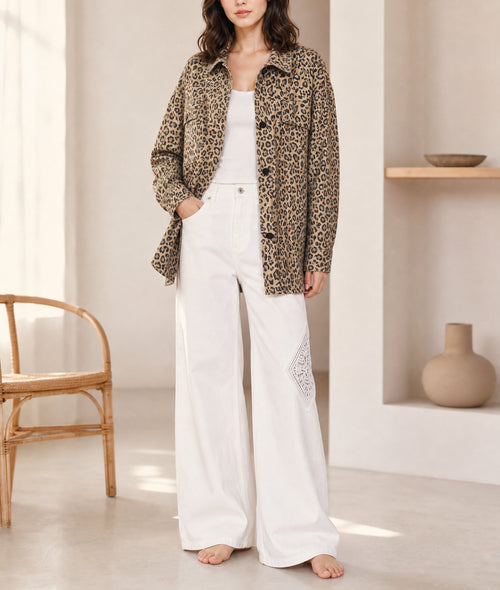 Khaki Leopard Print Collar Long Sleeve Patch Pocket Shift Denim Jacket