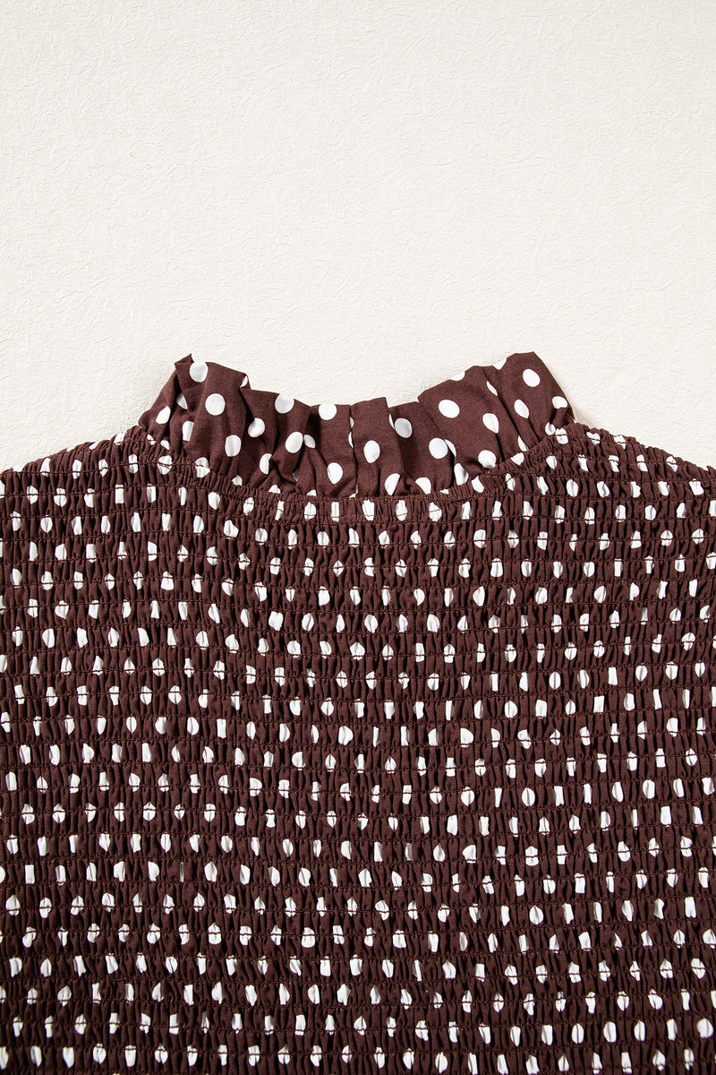 Brown Polka Dot Ruffled High Neck Shirred Ruffle Hem Blouse