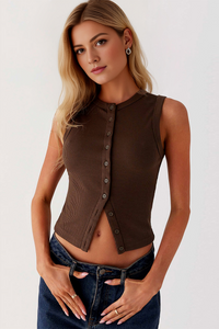 Minimalist Solid Color Sleeveless Button-Up Slim Tank Top - Grey 2