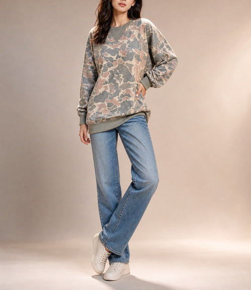 Multicolour Camo Print Ribbed Trim Casual Pullover Sweatshirt