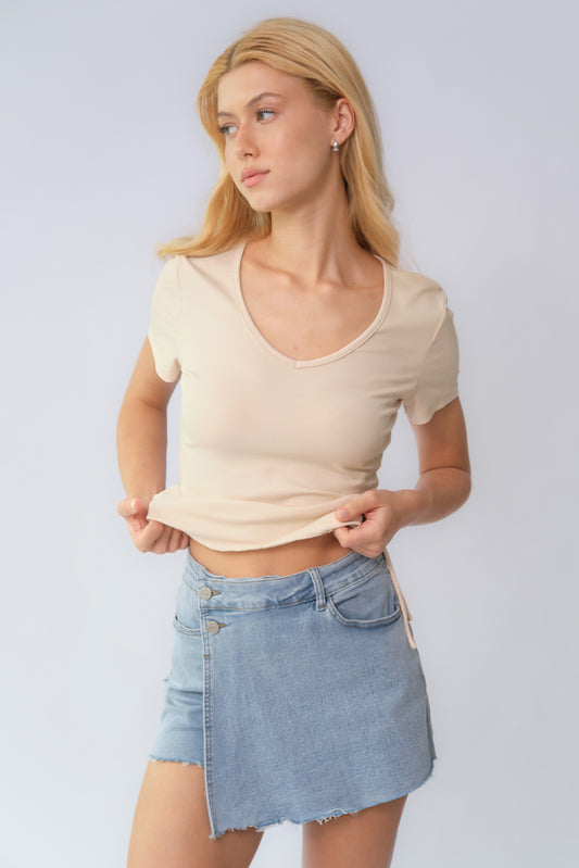 Leisure Layered High Waist Raw Hemline Denim Shorts - Blue