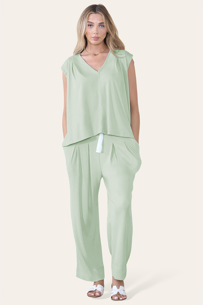 Minimalist V Neck Sleeveless Top & Drawstring Trousers Co-ord - Sage