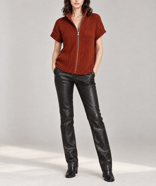 Cinnamon Solid Color Short Sleeve Zipper Knit High Neck Sweater