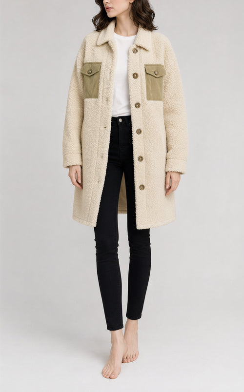 Beige Contrast Flap Pocket Single Breasted Teddy Coat
