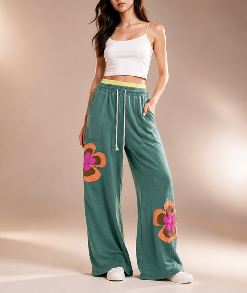Sea Green Color Block Flower Patchwork Drawstring Contrasted Elastic Waist Wide Leg Pants