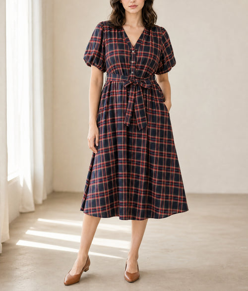 Black Plaid V Neck Belted Waist Short Sleeve Plus Size Dress