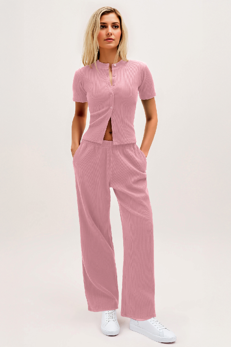 Casual Short Sleeve Button Slim Top & Wide Leg Trousers Co-ord - Pink