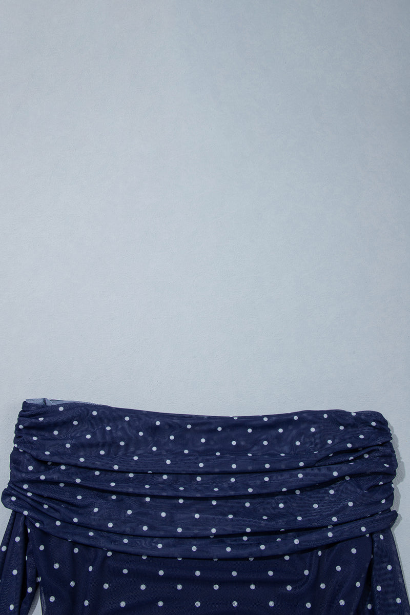 Blue Off Shoulder Polka Dot Mesh Long Sleeve Sheath Top