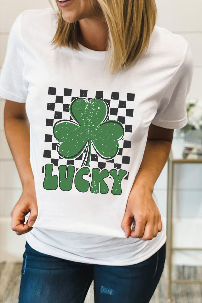 White Checker LUCKY Clover Printed St Patricks T Shirt