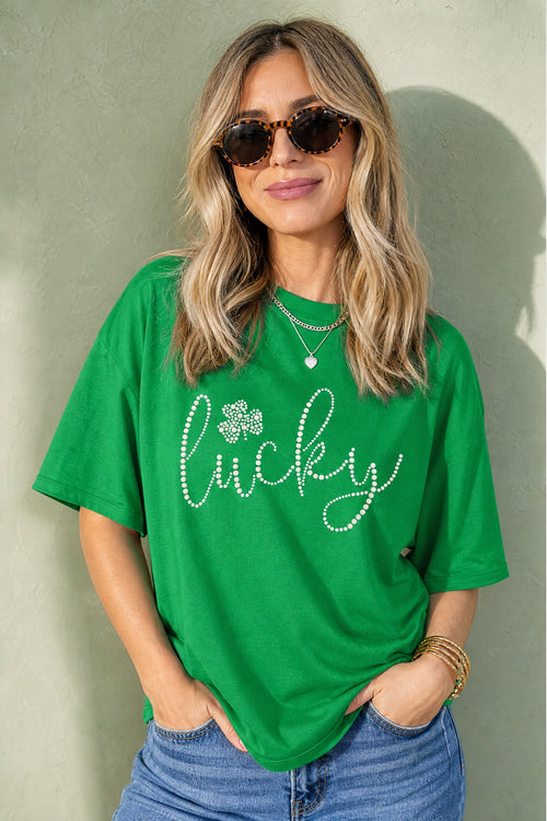 Bright Green Ceramic Rhinestone Lucky Clover Graphic Tee