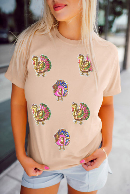 Khaki Sequin Turkey Patched Thanksgiving Graphic Tee