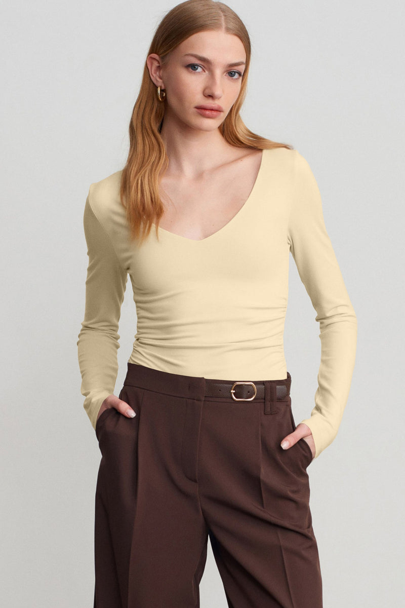 Black Slim Fit V Neck Long Sleeve Bra Buil-in Top