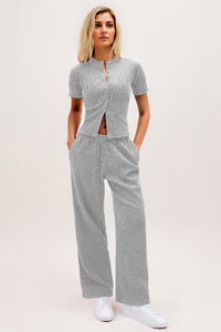 Casual Short Sleeve Button Slim Top & Wide Leg Trousers Co-ord - Grey