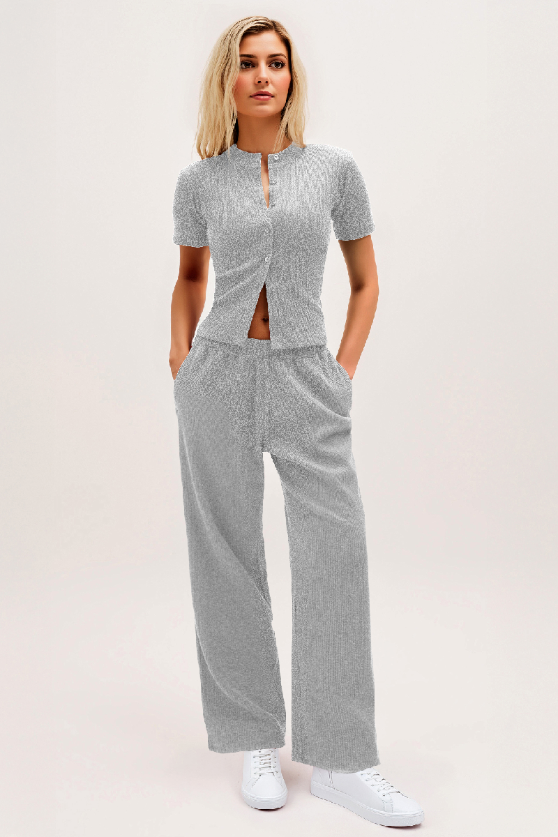Casual Short Sleeve Button Slim Top & Wide Leg Trousers Co-ord - Grey