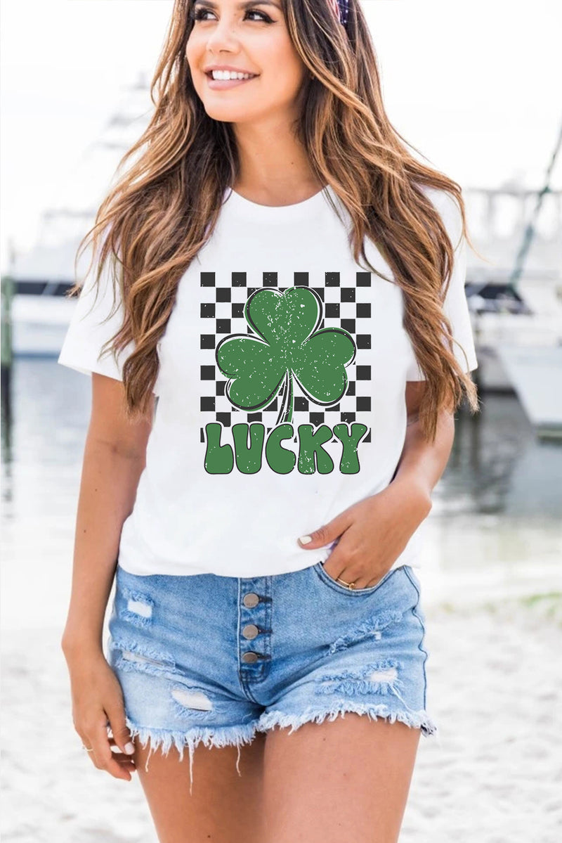 White Checker LUCKY Clover Printed St Patricks T Shirt
